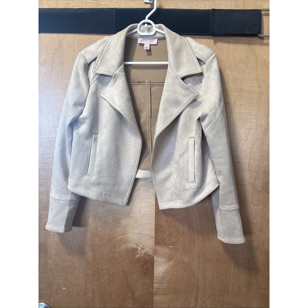 Philosophy S/P Ladies Faux Leather Tan/Cream jacket -Open Front- Moto- Chic